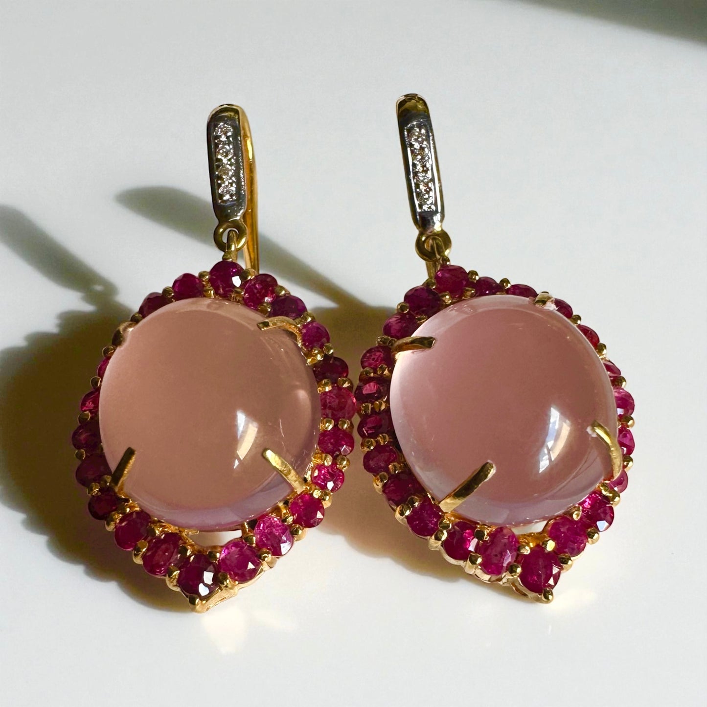 Elegant Rose Quartz & Ruby Earrings • Diamond Accented • 20ct Gold