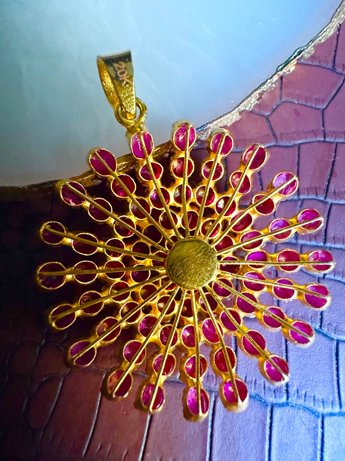 Majestic Natural Unheated Burmese Rubies Sunburst Pendant in 20K Solid Gold