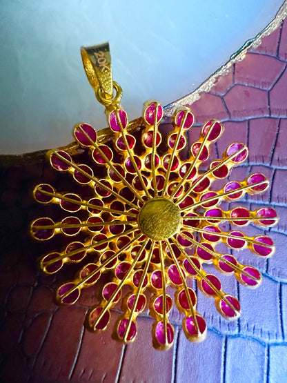 Majestic Natural Unheated Burmese Rubies Sunburst Pendant in 20K Solid Gold