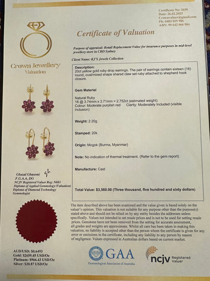 Stunning and Quality Earrings- Featuring Natural Unheated Burmese Ruby (2.752)  in 20K Solid Gold.