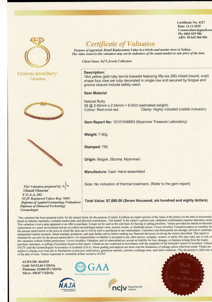 Timeless Unheated  Burmese Ruby (total 9CT) Tennis Bracelet | 20K Solid Gold