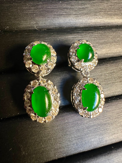 Two Step Drop Earrings Natural Untreated Burmese Jadeite & Diamonds