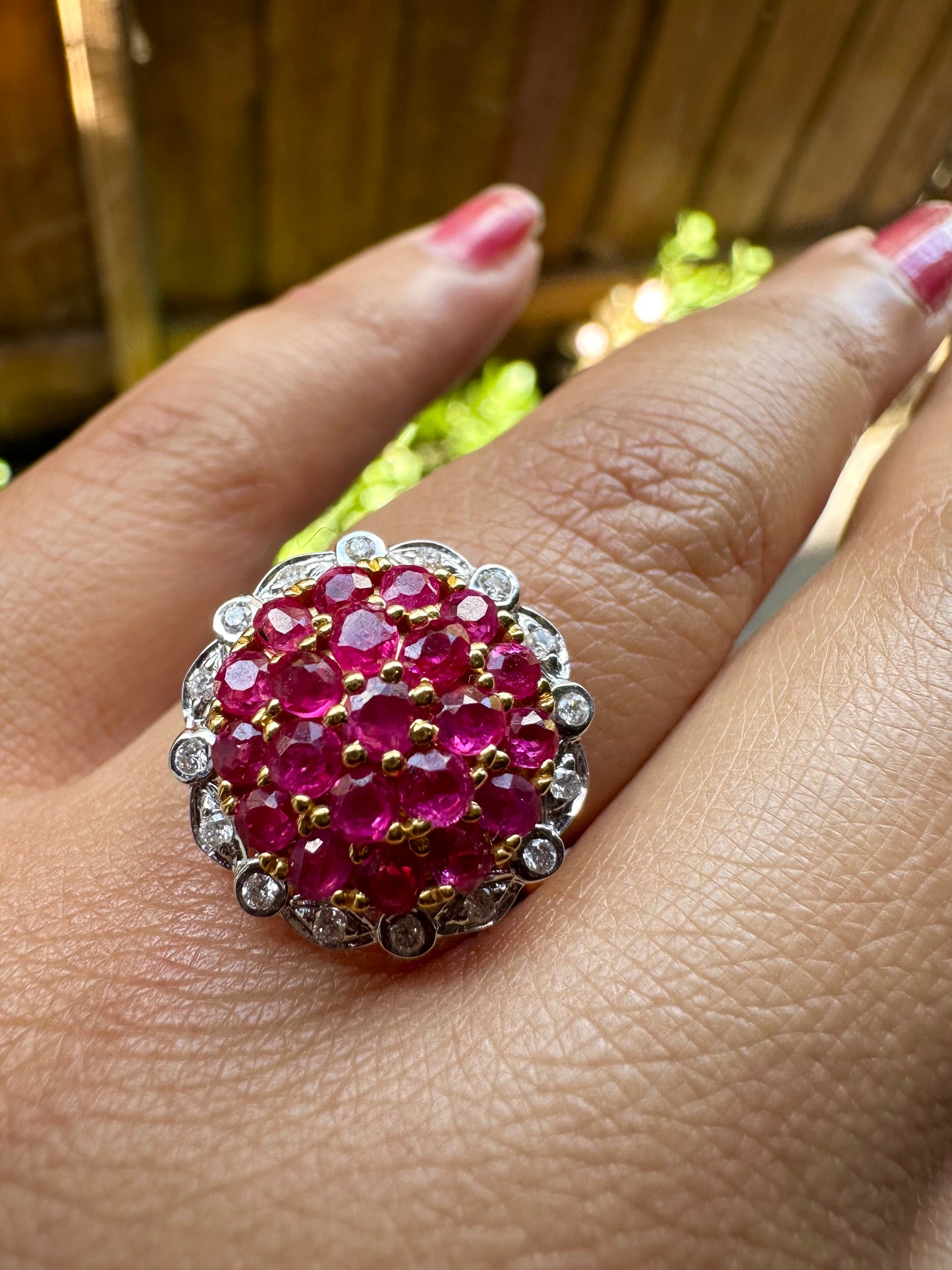 Pigeon Blood-Red Natural Unheated Burmese Ruby Sunburst Cluster Ring | Natural Diamonds | 20K Solid Gold