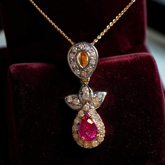 Natural Pink Sapphire & Diamond Halo Pendant in 20K Solid Gold with gold Necklace