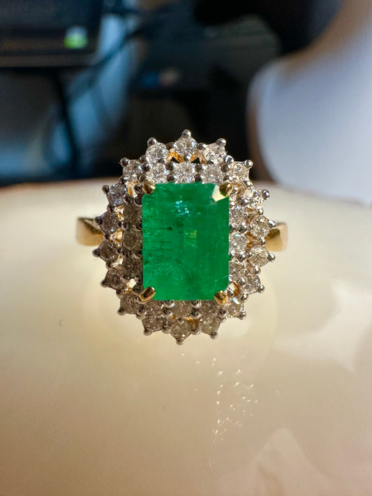 Emerald Cut Natural Emerald and Natural Diamonds Ring in 18K Solid Gold