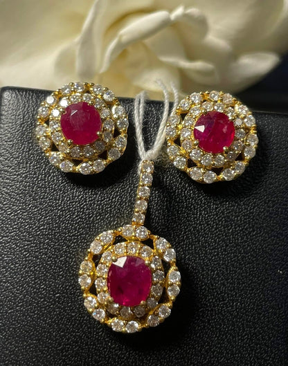 2 Full Carats of Natural Unheated Burmese Ruby & Diamond Halo Earring Set (Matching Pendant Available)