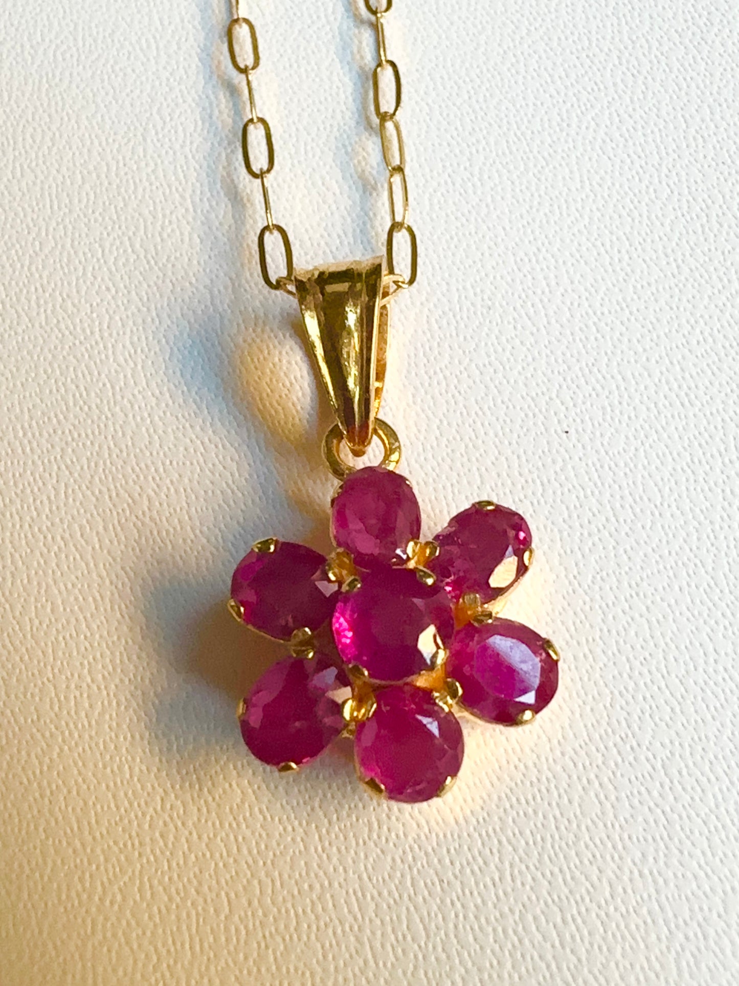 Flower Pendant with Natural Unheated Burmese Rubies in Solid Gold Chain.