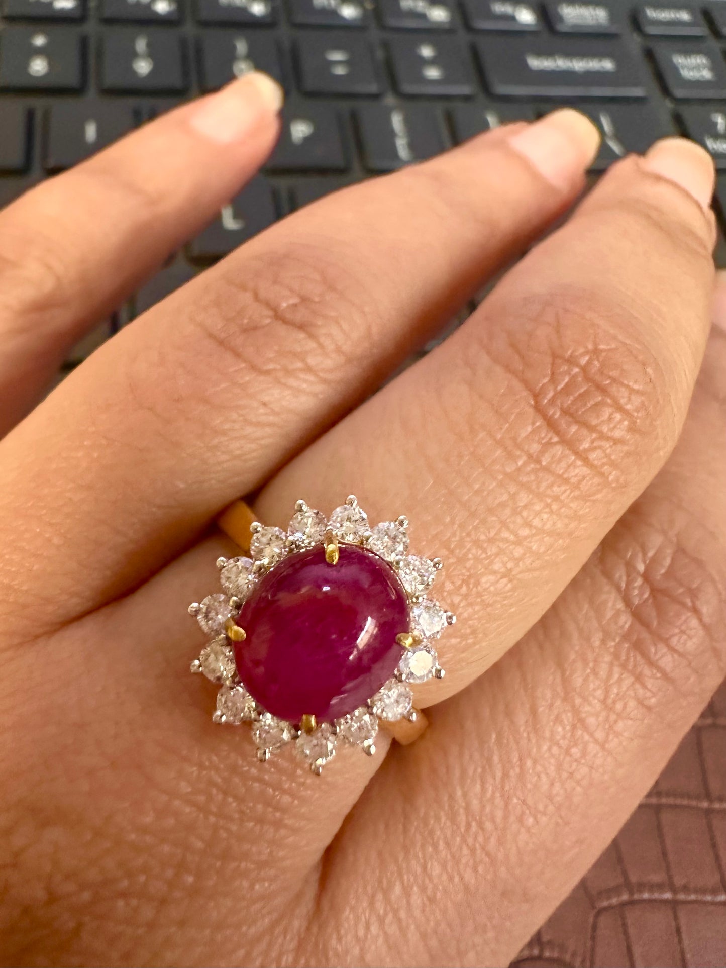 Natural Unheated Burmese Cabochon Ruby & Diamond Halo Ring | 4.67ct Ruby | 18ct Yellow Gold