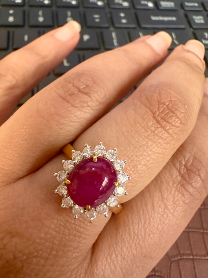 Natural Unheated Burmese Cabochon Ruby & Diamond Halo Ring | 4.67ct Ruby | 18ct Yellow Gold