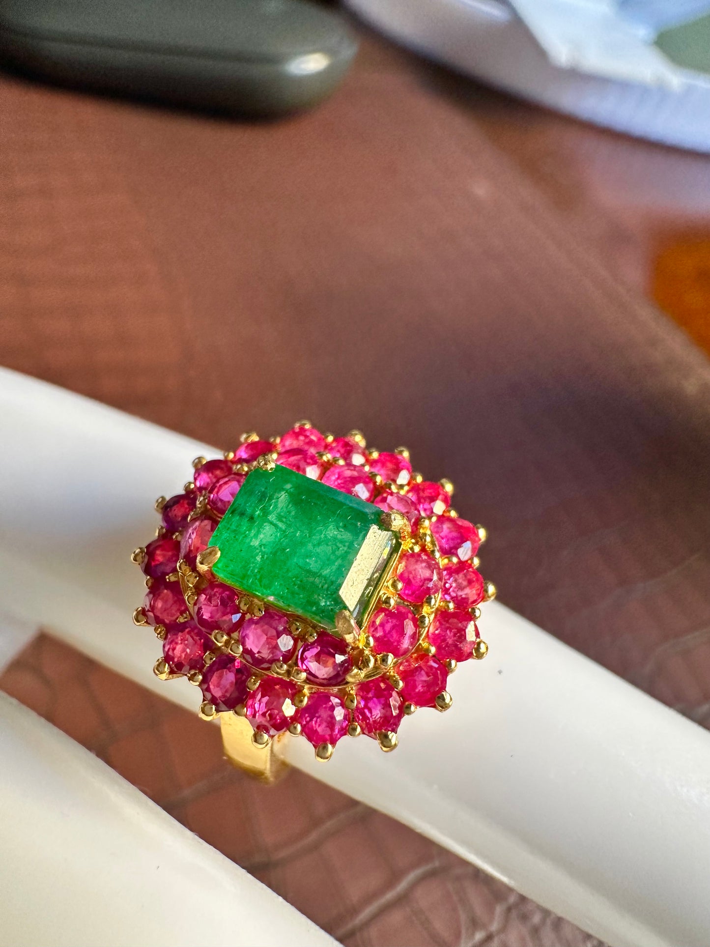 Natural Emerald with Mogok Burmese Rubies | 18ct Gold Halo Dress Ring