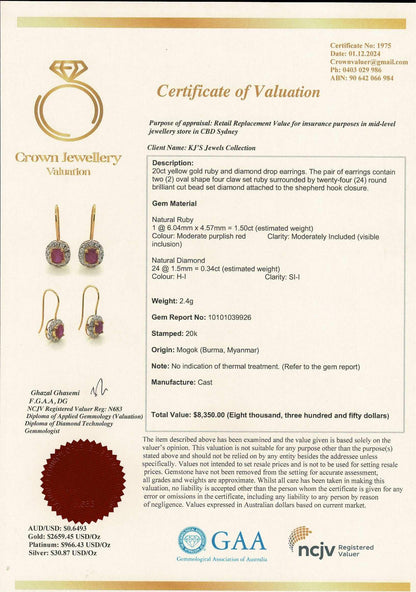 Natural unheated Burmese rubies (1.5CT) and natural diamond drop earrings in 20K solid gold