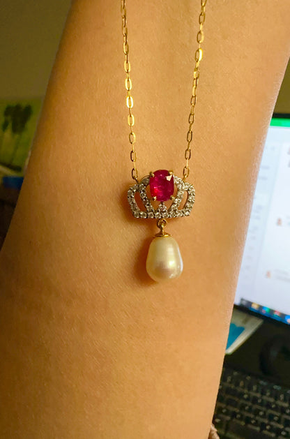 Pendant featuring a combination of Natural Unheated Ruby, South Sea Cultured Pearl and Natural Diamonds in 18K Solid Gold.