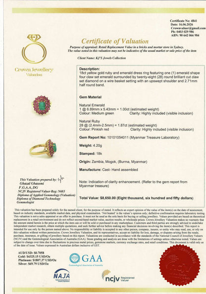 Natural Emerald with Mogok Burmese Rubies | 18ct Gold Halo Dress Ring