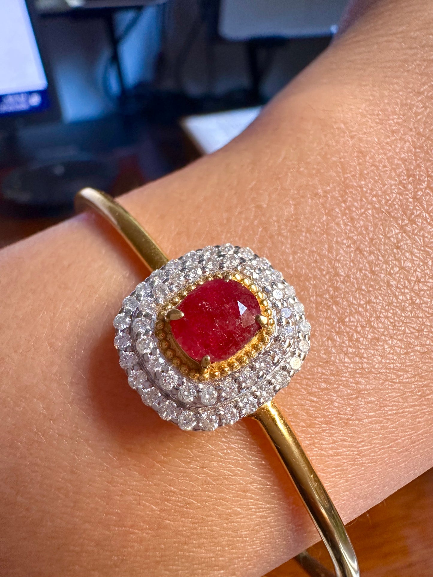 Natural Unheated Burmese Rubies and Natural Diamonds Bangle in 18K Solid Gold