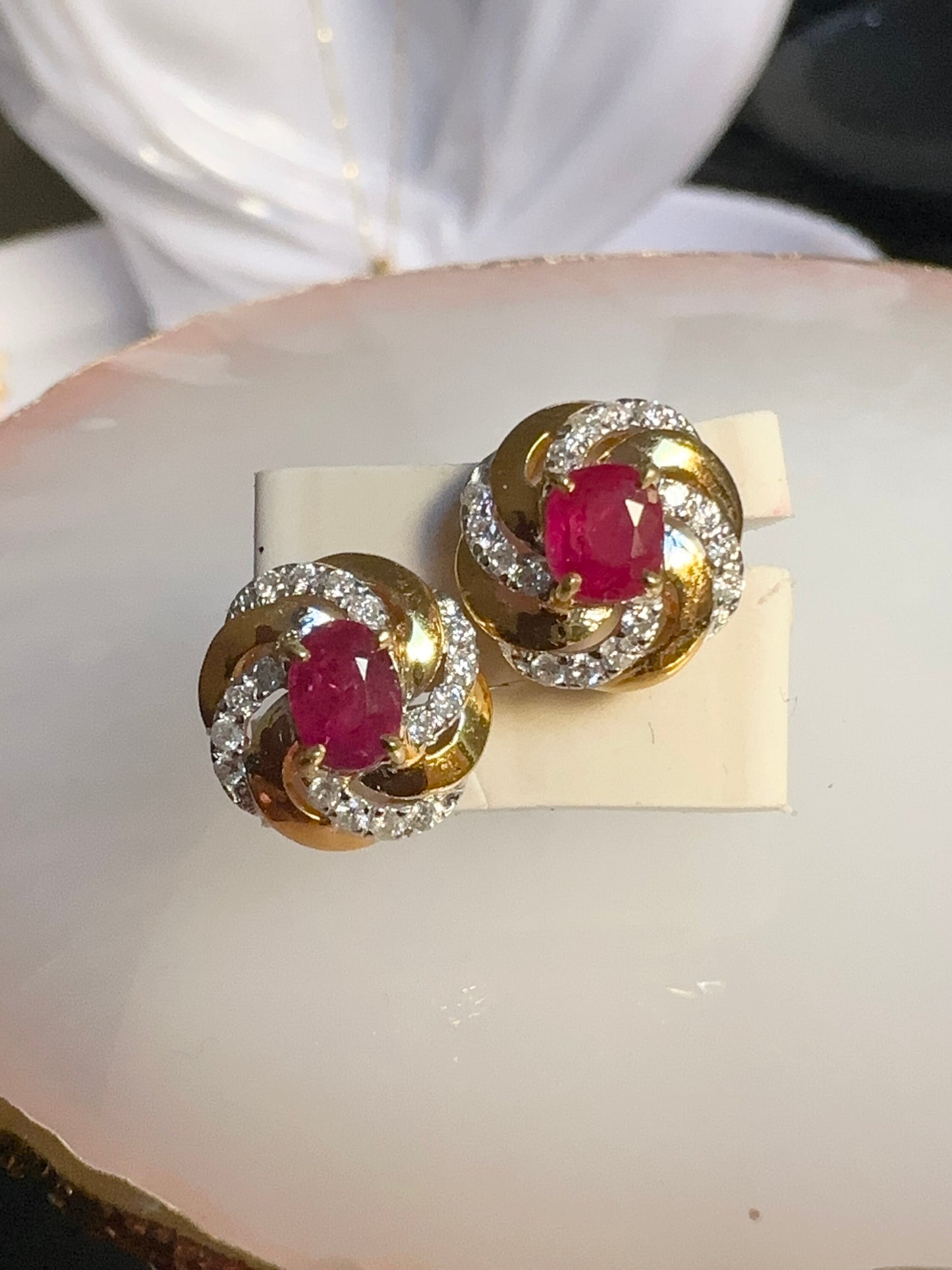 Burmese Natural Unheated Ruby and Natural Diamonds Earrings (1.28CT) in 18K Solid Yellow Gold