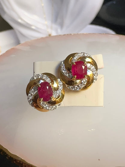 Burmese Natural Unheated Ruby and Natural Diamonds Earrings (1.28CT) in 18K Solid Yellow Gold