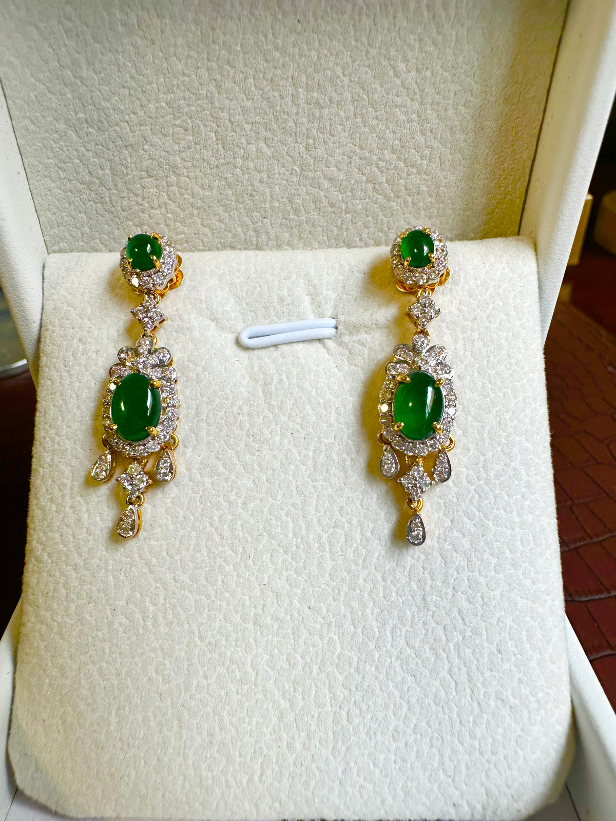 Two Step Drop Earrings Natural Untreated Burmese Jadeite with Diamonds