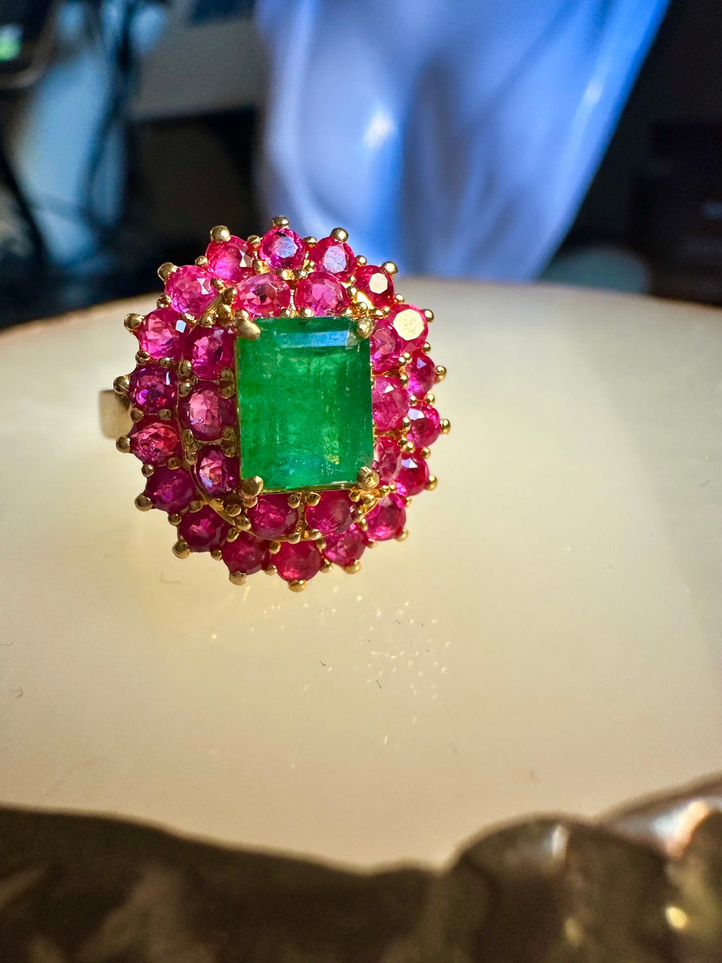 Natural Emerald with Mogok Burmese Rubies | 18ct Gold Halo Dress Ring