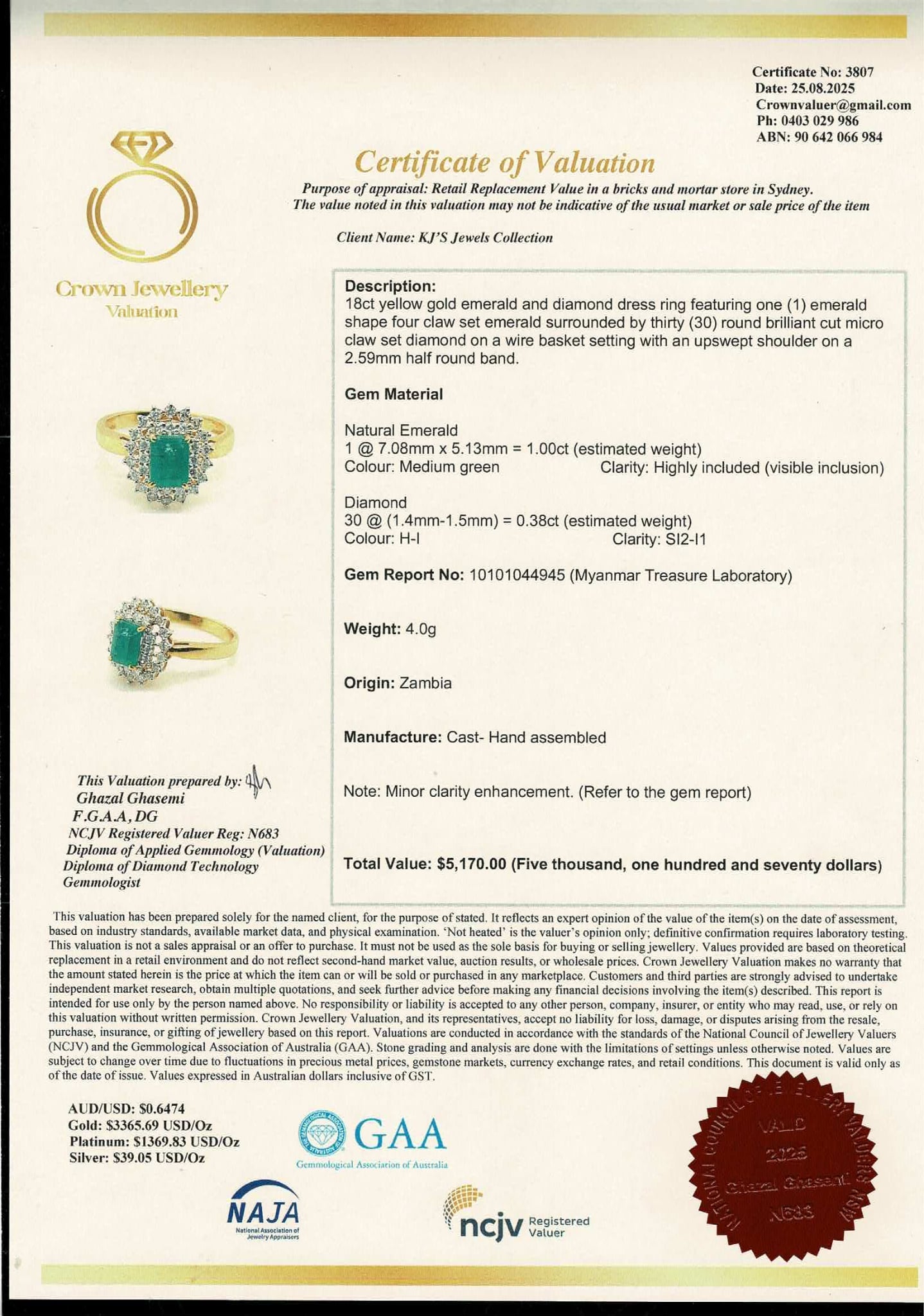 Emerald Cut Natural Emerald and Natural Diamonds Ring in 18K Solid Gold