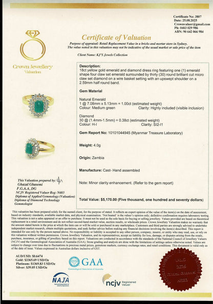 Emerald Cut Natural Emerald and Natural Diamonds Ring in 18K Solid Gold