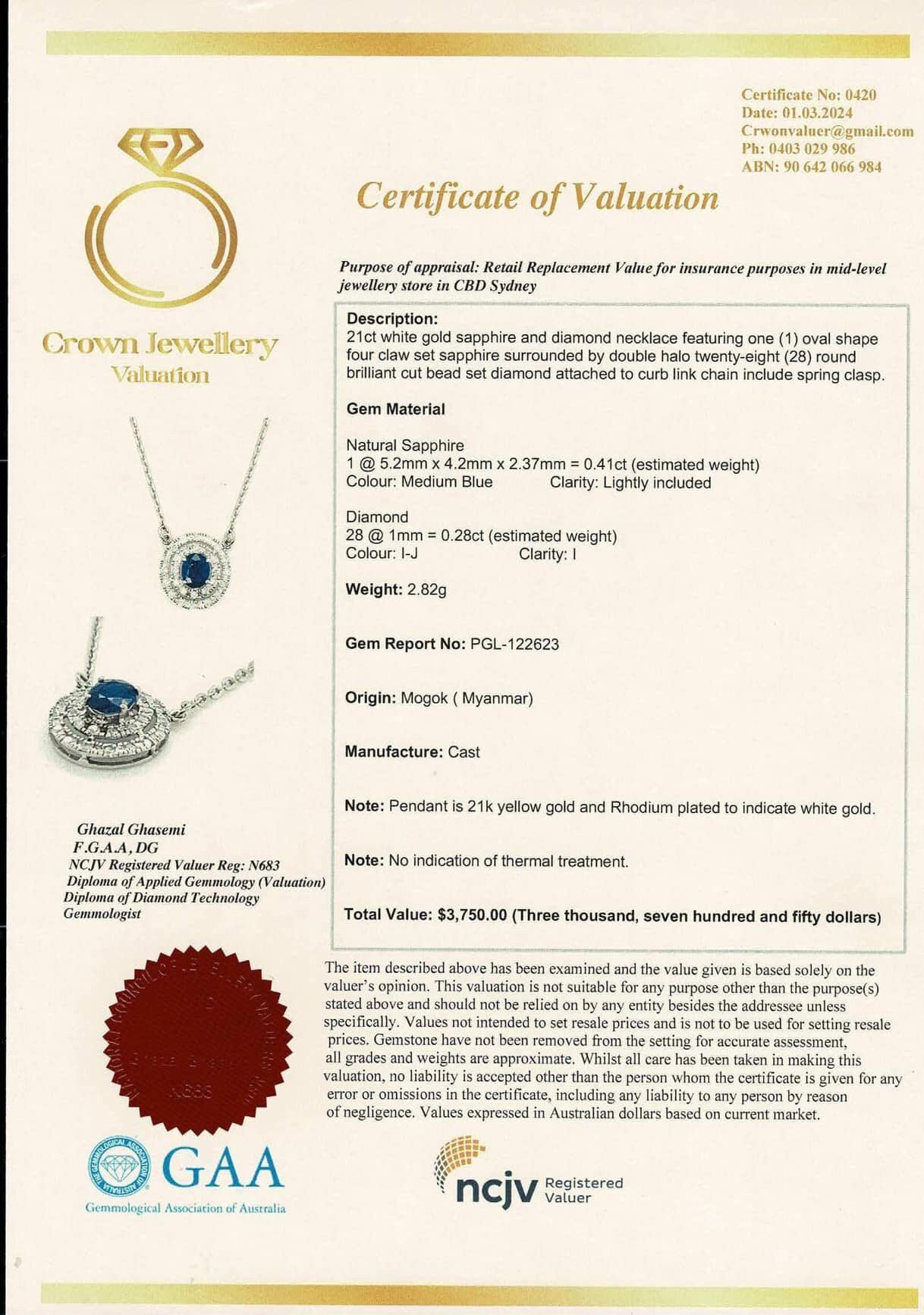 21K solid white gold with Burmese Natural Unheated Sapphire and Genuine Diamonds Necklace