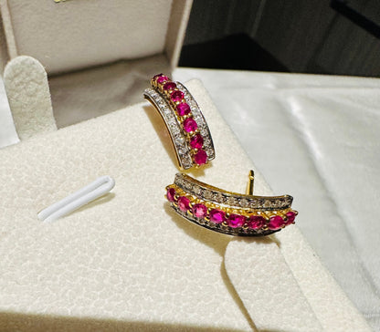 21K Gold with Nature Unheated Burmese Ruby and Diamond Earrings