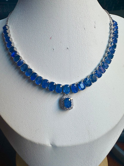 Emerald Cut Natural Unheated Burmese Sapphires and Diamonds Necklace