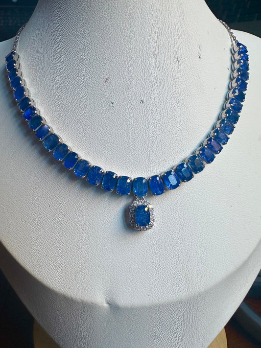 Emerald Cut Natural Unheated Burmese Sapphires and Diamonds Necklace