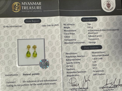 Natural Unheated Burmese Peridot (3.2 CT) and NaturalYellow Sapphire Earrings in 18K Solid Gold