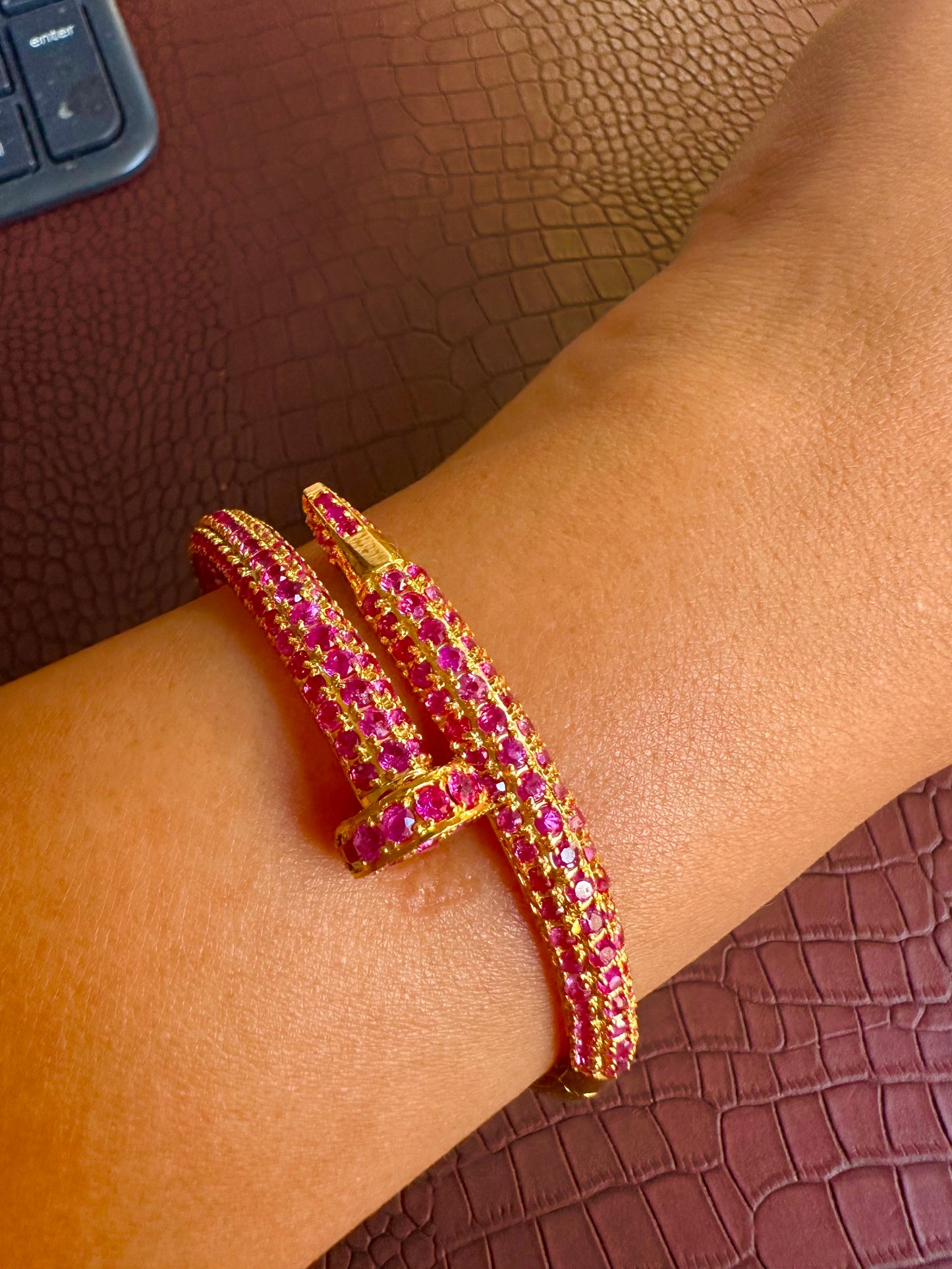 Luxury Cartier-Inspired Nail Bangle – Natural Unheated Burmese Rubies in 18K Solid Gold