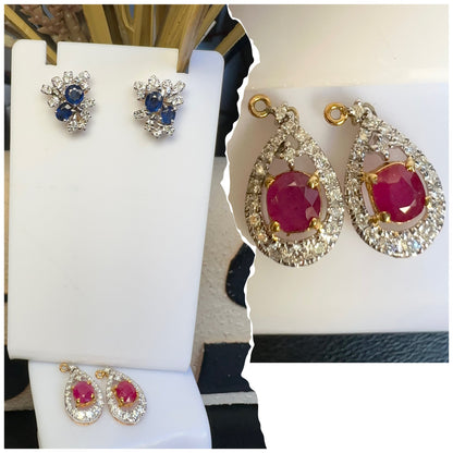 Beautiful natural untreated Burmese ruby, sapphire, and diamond (2 in 1) earring stud in 18K Solid Gold