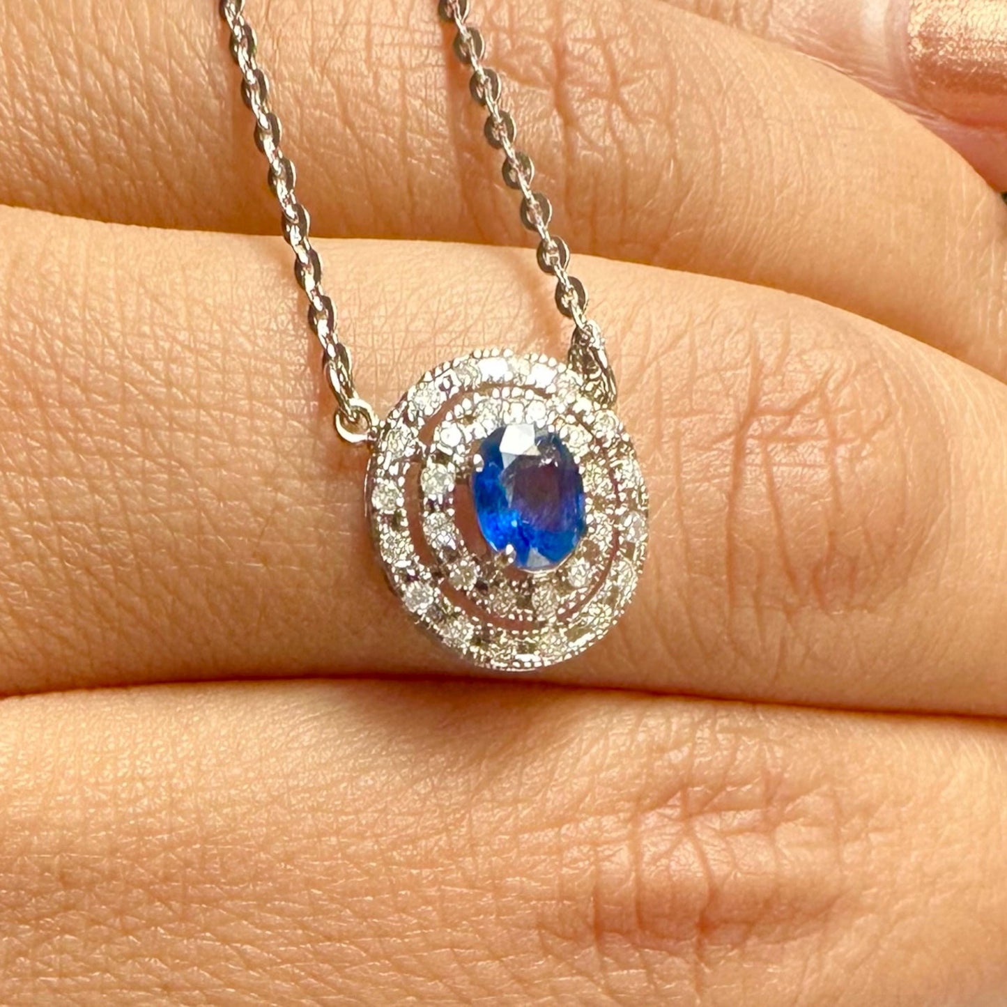 21K solid white gold with Burmese Natural Unheated Sapphire and Genuine Diamonds Necklace