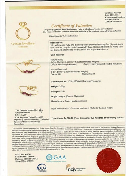 Elegant Natural Unheated Burmese Ruby & Diamond Adjustable Bracelet in 18ct Yellow Gold