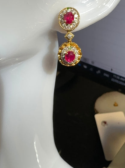 Four pieces Burmese natural unheated ruby and natural diamond earrings in 18K solid gold