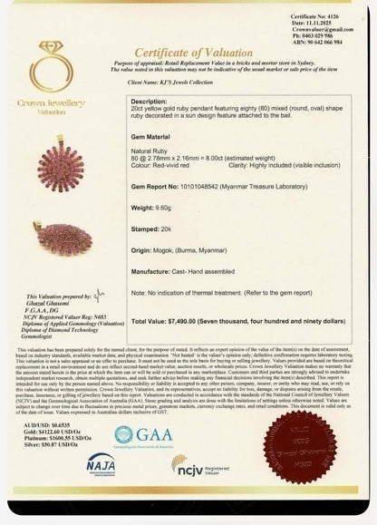 Majestic Natural Unheated Burmese Rubies Sunburst Pendant in 20K Solid Gold