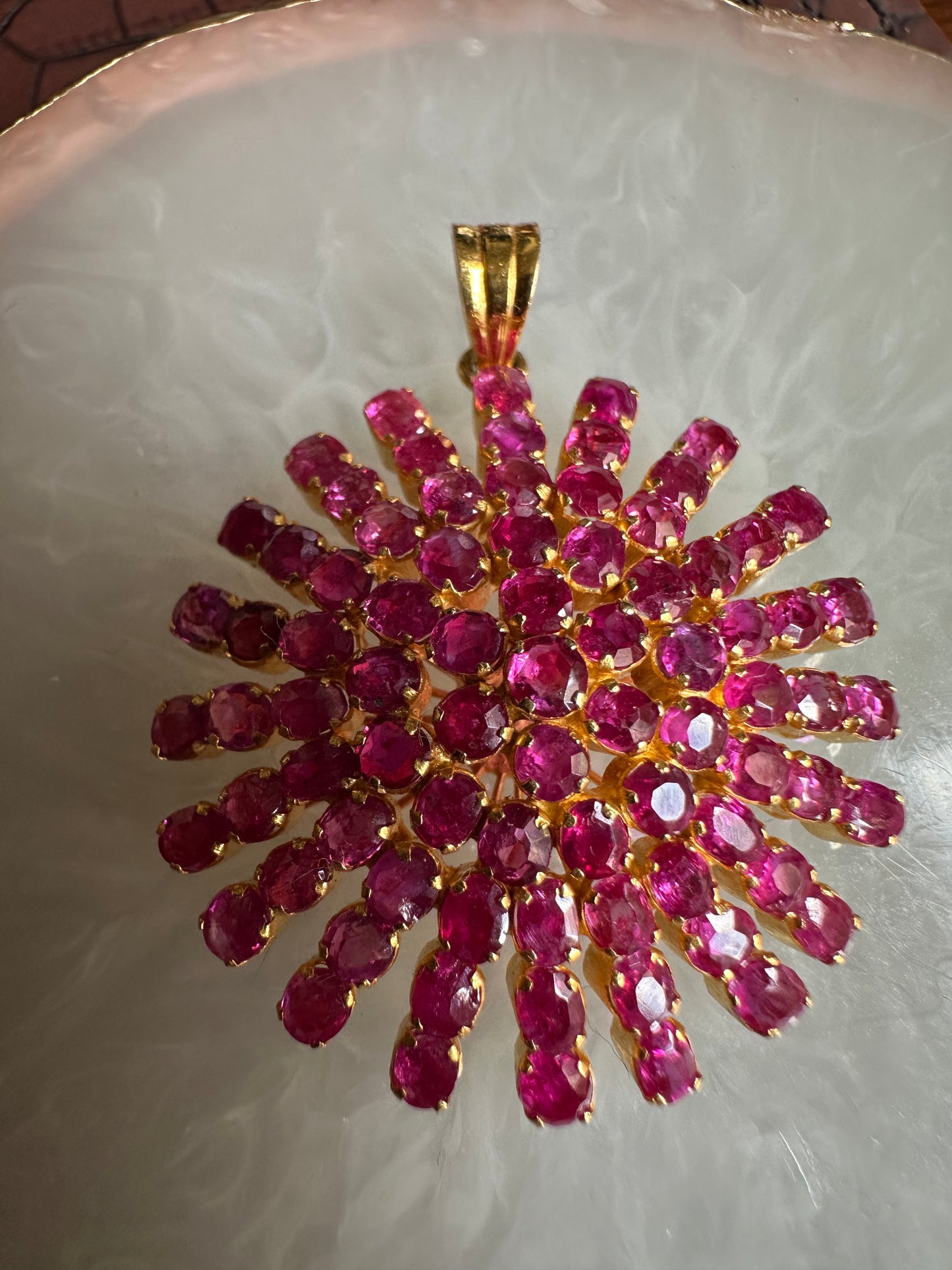 Majestic Natural Unheated Burmese Rubies Sunburst Pendant in 20K Solid Gold