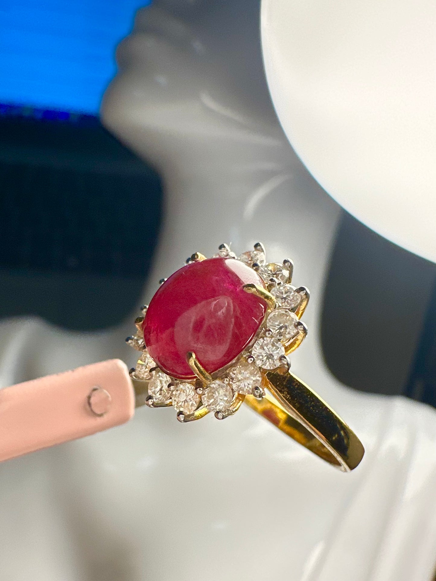 Natural Unheated Burmese Cabochon Ruby & Diamond Halo Ring | 4.67ct Ruby | 18ct Yellow Gold