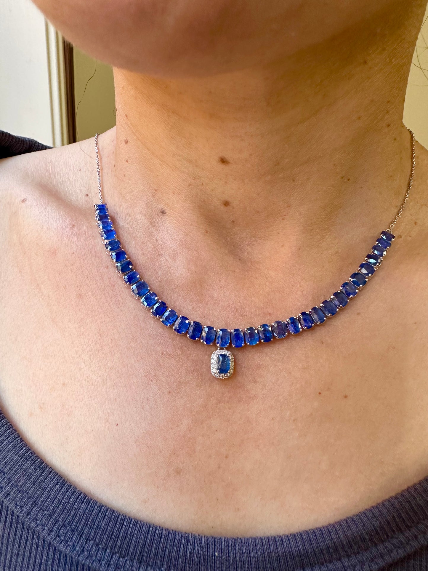 Emerald Cut Natural Unheated Burmese Sapphires and Diamonds Necklace