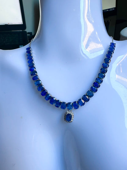 Emerald Cut Natural Unheated Burmese Sapphires and Diamonds Necklace