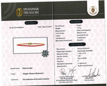 Timeless Unheated  Burmese Ruby (total 9CT) Tennis Bracelet | 20K Solid Gold