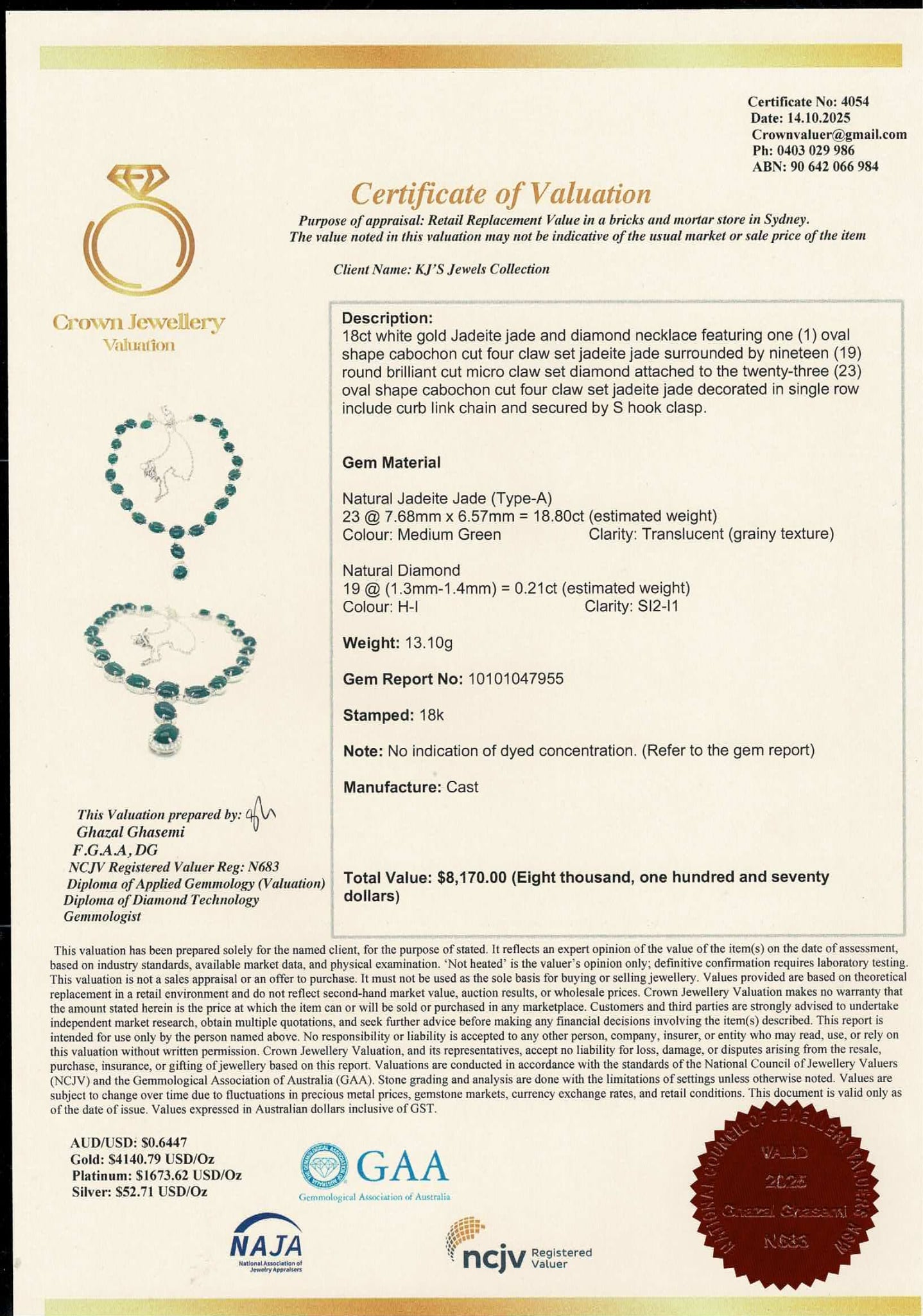 Natural Burmese Jadeite Jade (18.8CT) and Natural Diamonds Necklace in Solid Gold