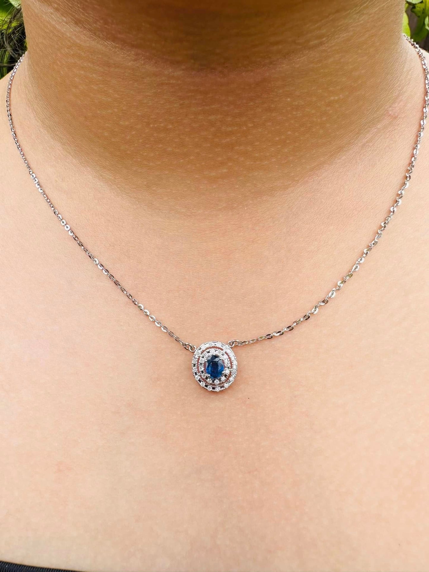 21K solid white gold with Burmese Natural Unheated Sapphire and Genuine Diamonds Necklace