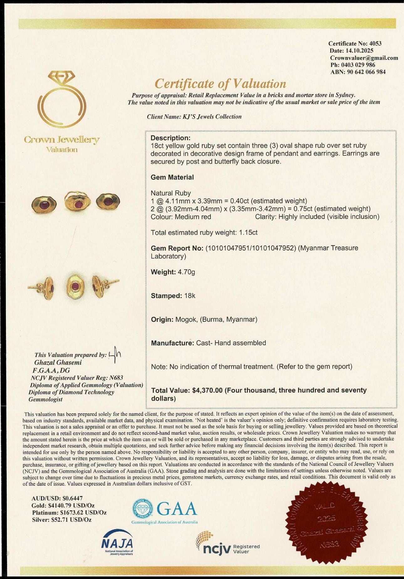 Hand-Hammered Artistic Gold and Natural Unheated Burmese Ruby Trio Set