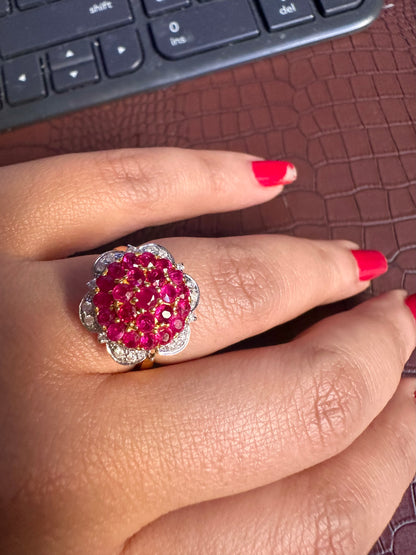 Pigeon Blood-Red Natural Unheated Burmese Ruby Sunburst Cluster Ring | Natural Diamonds | 20K Solid Gold