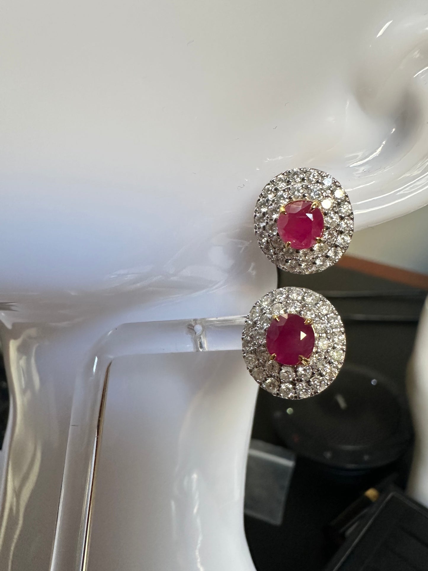 Natural unheated Burmese rubies (3.2CT) and natural diamond drop earrings in 18K solid gold