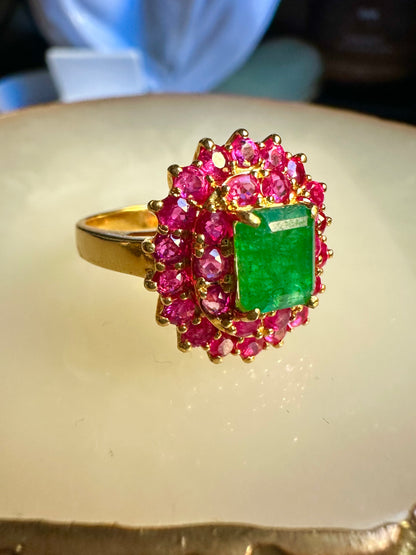 Natural Emerald with Mogok Burmese Rubies | 18ct Gold Halo Dress Ring