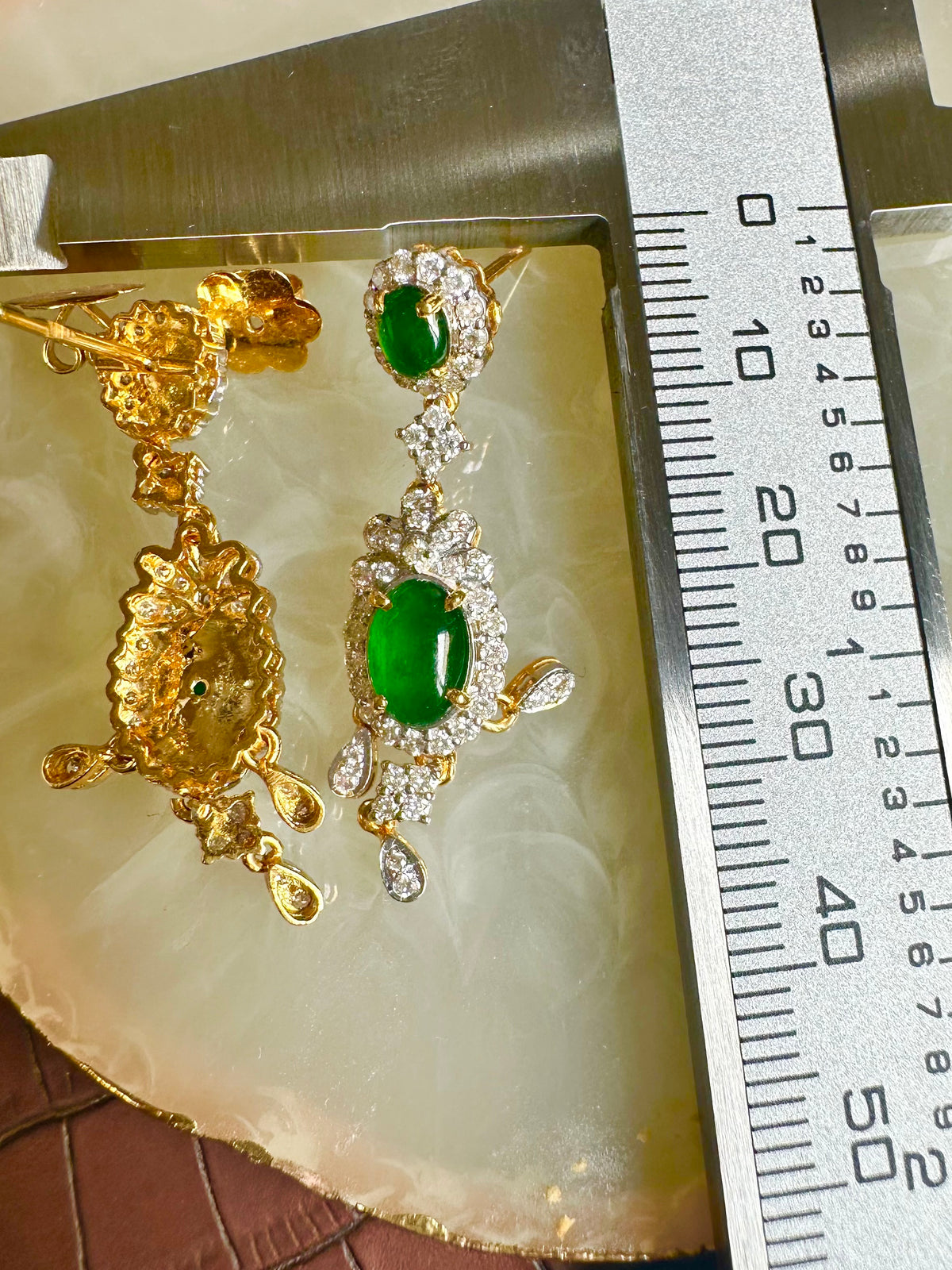 Two Step Drop Earrings Natural Untreated Burmese Jadeite with Diamonds