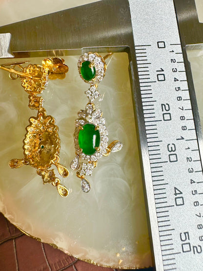 Two Step Drop Earrings Natural Untreated Burmese Jadeite with Diamonds