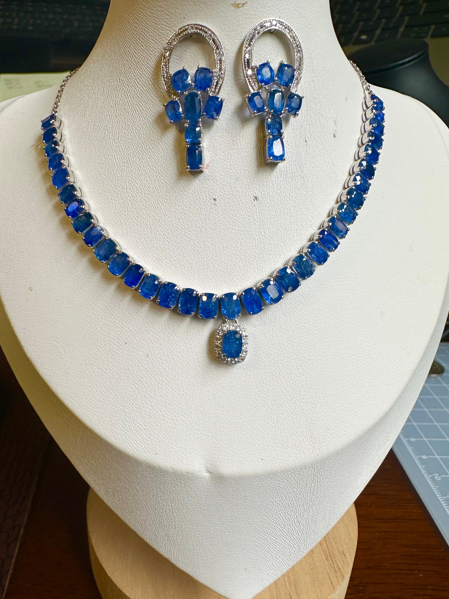 Emerald Cut Natural Unheated Burmese Sapphires and Diamonds Necklace