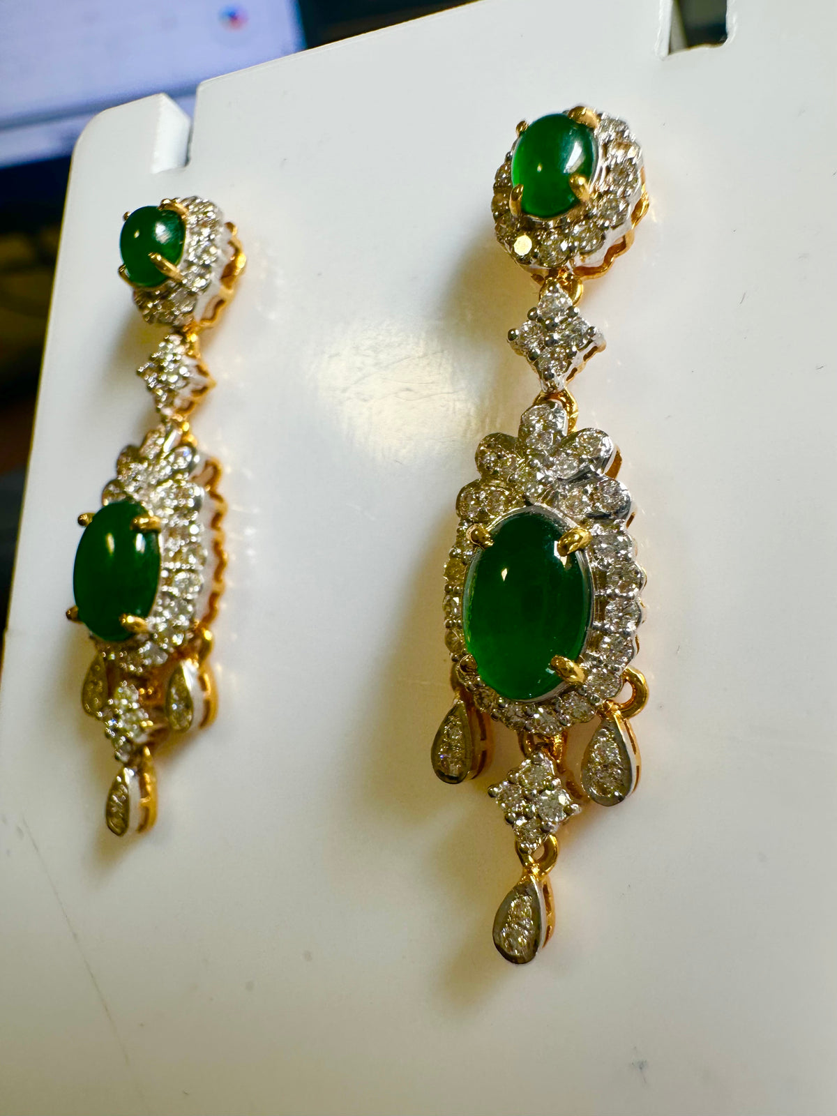 Two Step Drop Earrings Natural Untreated Burmese Jadeite with Diamonds